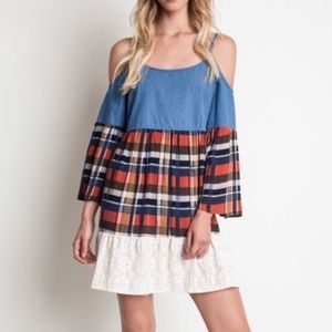 Umgee Cold Shoulder Chambray Plaid Dress